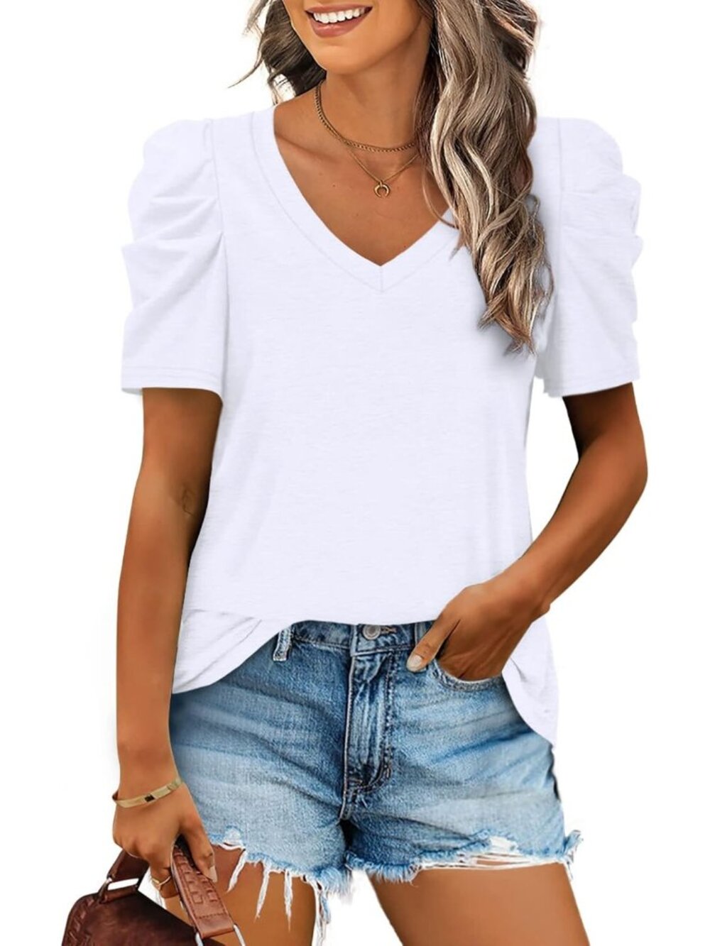 Women's White Polyester Blend Puff Sleeve V Neck Pull On Casual Henley Shirts
